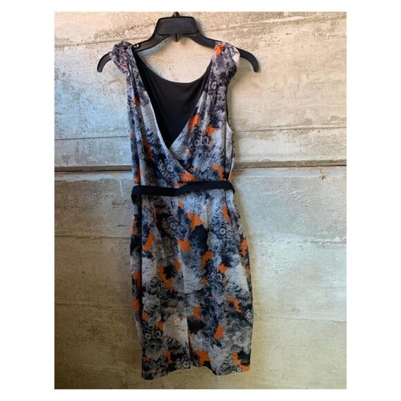 21. Eva Franco Sleeveless Printed Gray and Orange Midi Dress - Picture 2 of 2